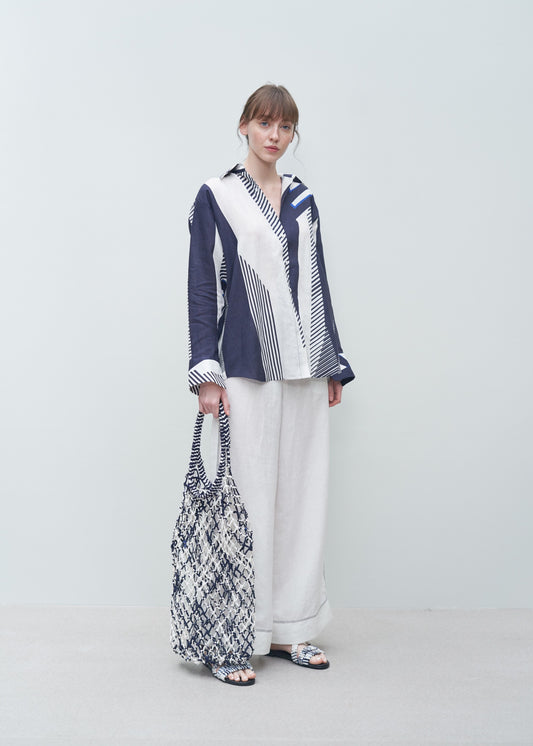 Scarf belt linen baggy pants BLUE+MIX / NAVY 38