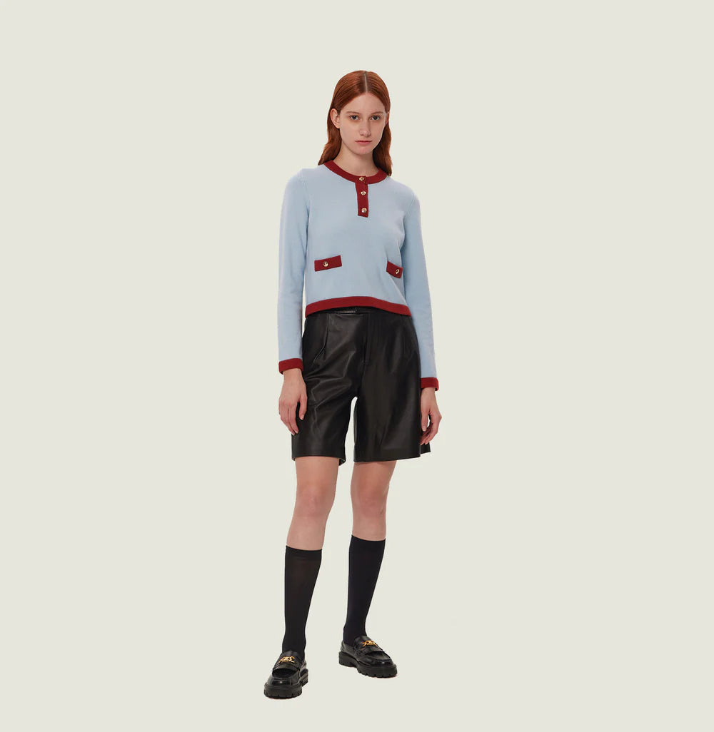 BUTTON-EMBELLISHED COLORBLOCKED CREWNECK SWEATER WITH POCKETS