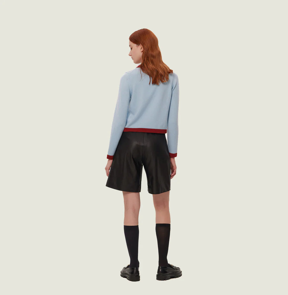 BUTTON-EMBELLISHED COLORBLOCKED CREWNECK SWEATER WITH POCKETS