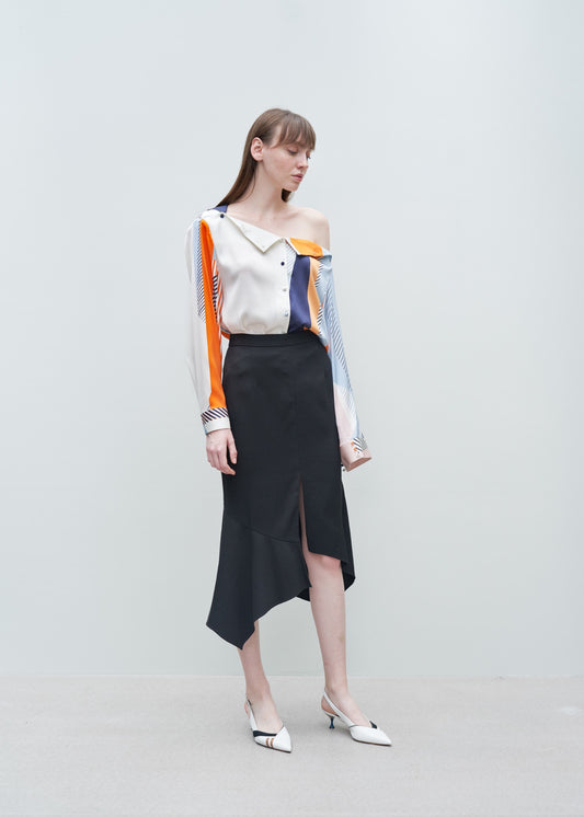 Asymmetric midi silk skirt  BLACK 38