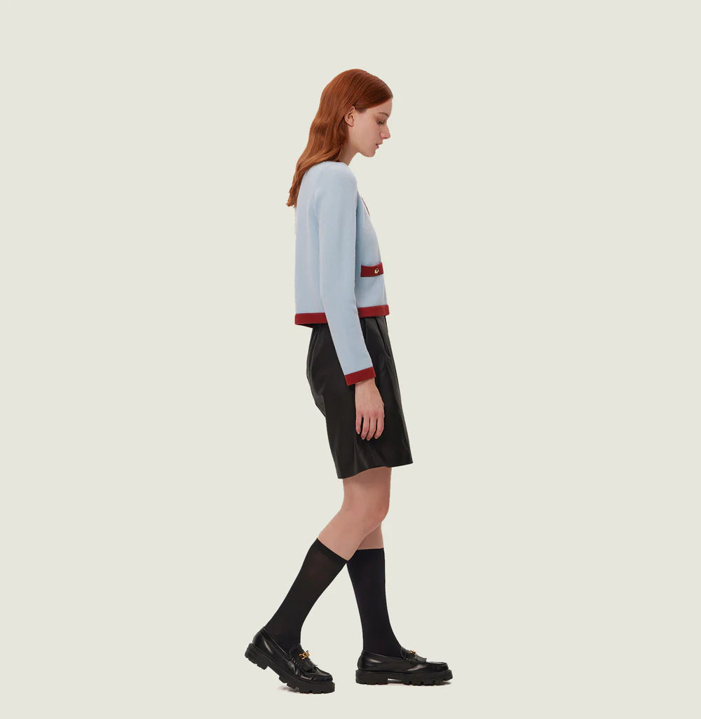 BUTTON-EMBELLISHED COLORBLOCKED CREWNECK SWEATER WITH POCKETS