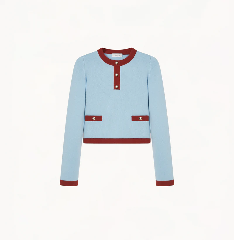 BUTTON-EMBELLISHED COLORBLOCKED CREWNECK SWEATER WITH POCKETS