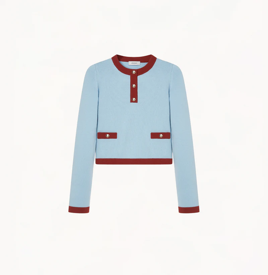 BUTTON-EMBELLISHED COLORBLOCKED CREWNECK SWEATER WITH POCKETS